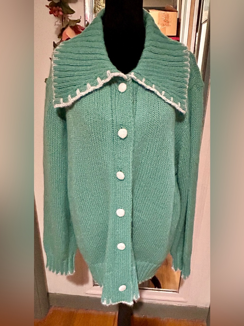 JODIFL Mint Green Button-Front Women's Cardigan with White Trim-1XL Plus-NWOT